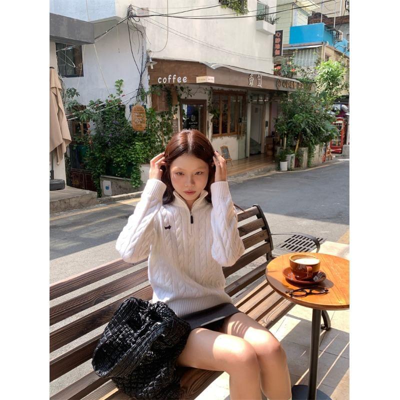 Turtleneck Embroidered Half Zip Cable Knit Sweater Product Image