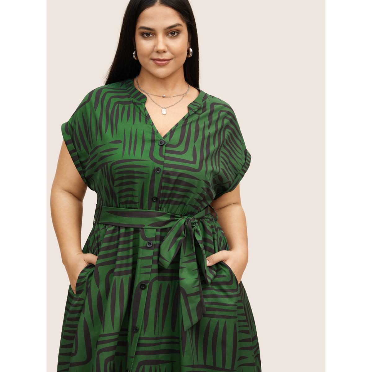 Plus Size Geometric Button Detail Cuffed Sleeve Dress DarkGreen Women At the Office Belted V-neck Short sleeve Curvy BloomChic 10/M Product Image