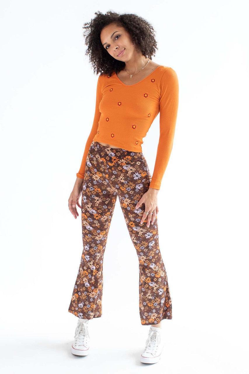 Orange Floral Embroidered Seamless V-Neck Shirt Product Image