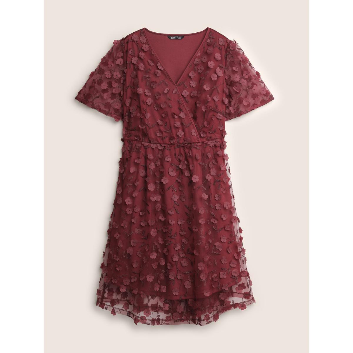Plus Size Plisse Mesh Pocket Overlap Collar Dress Scarlet Women Cocktail Non Overlap Collar Short sleeve Curvy Midi Dress BloomChic 30/6X Product Image