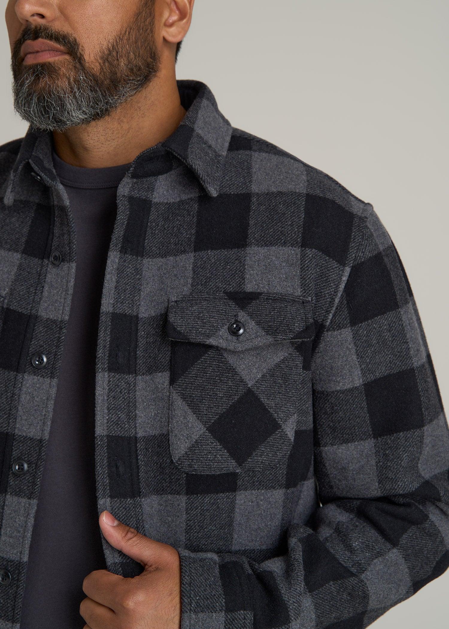 LJ&S Wool Blend Tall Men's Shirt Jacket in Black and Grey Check Product Image