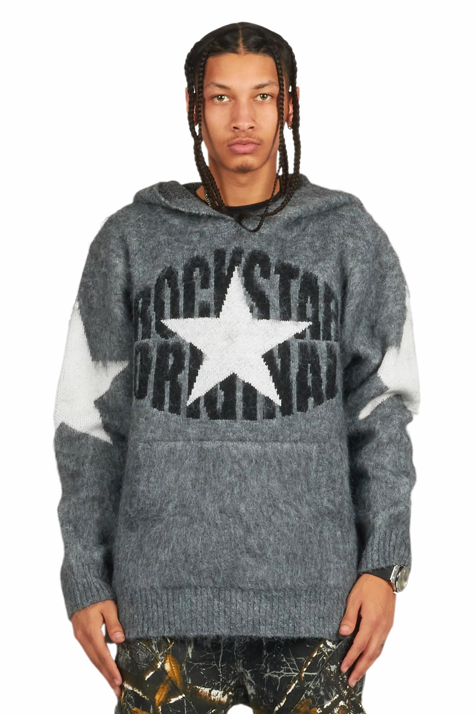 States Grey Graphic Knitted Mohair Hoodie Male Product Image