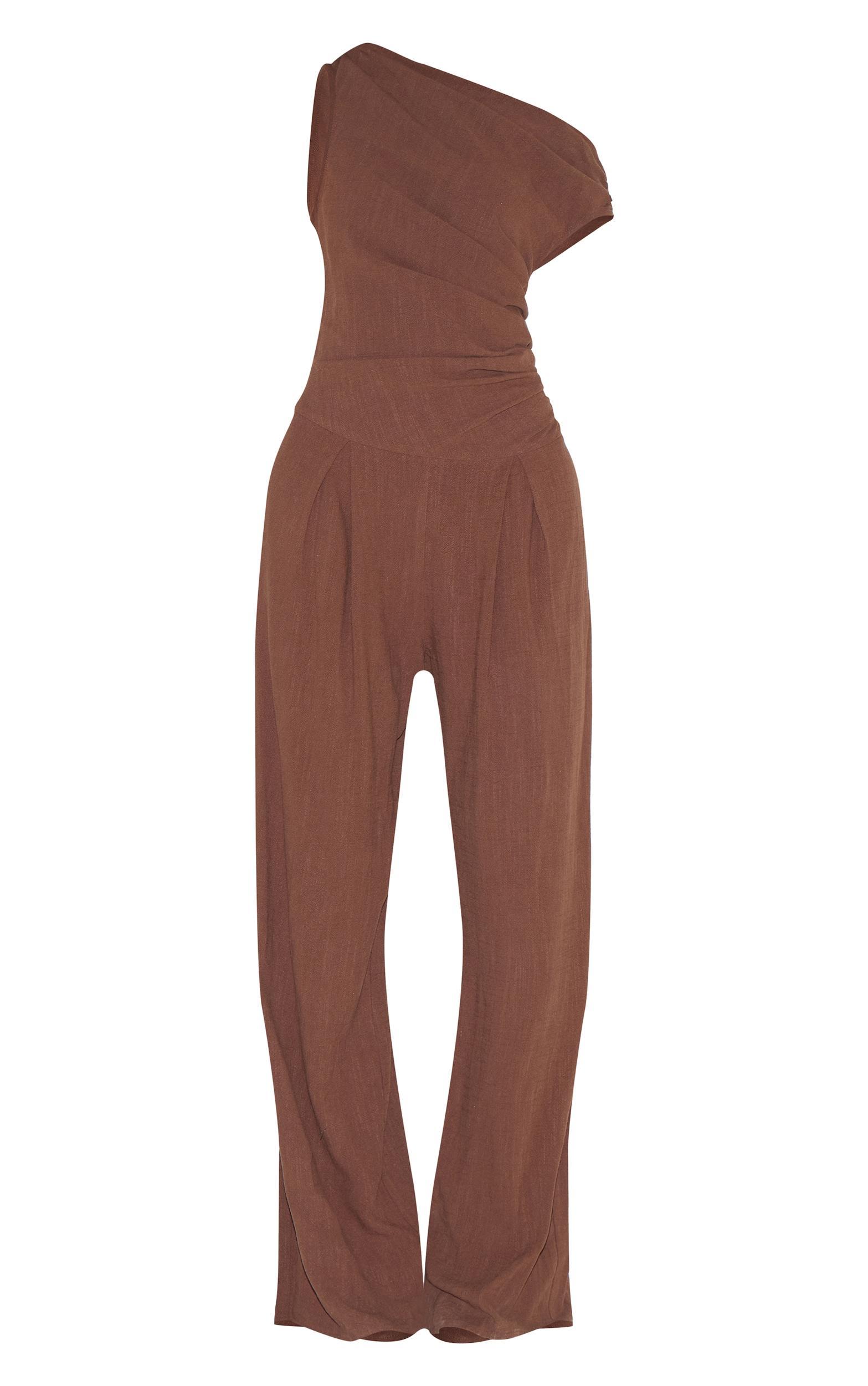 Chocolate Twist Sleeve Linen Ruched One Sleeve Jumpsuit Product Image