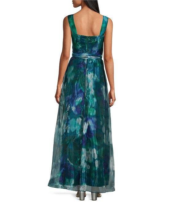 R & M Richards Petite Size Floral Print V-Neck Sleeveless Organza Belted Gown Product Image