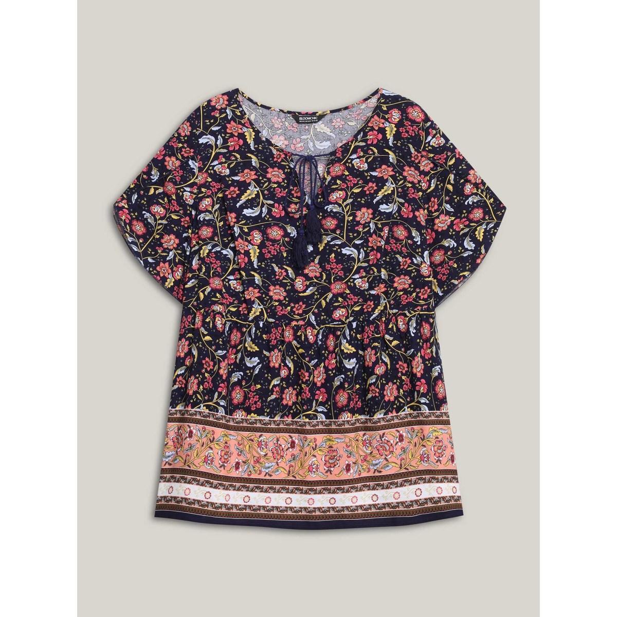 Plus Size Midnight Sweet Floral Print Petal Sleeve Shirt Women Resort Short sleeve Flat collar with V-notch Vacation Blouses BloomChic 10/M Product Image