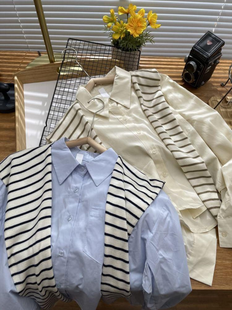 Set: Long-Sleeve Plain Button-Up Crop Shirt + Striped Knit Shawl Product Image