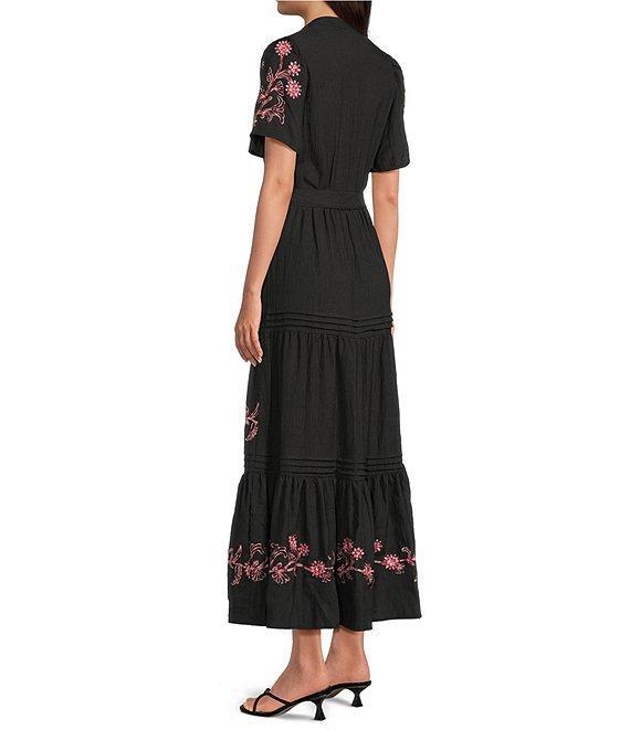 Calessa Petite Size V-Neck Short Balloon Sleeve Comfort Tiered Floral Embroidered Midi Dress Product Image