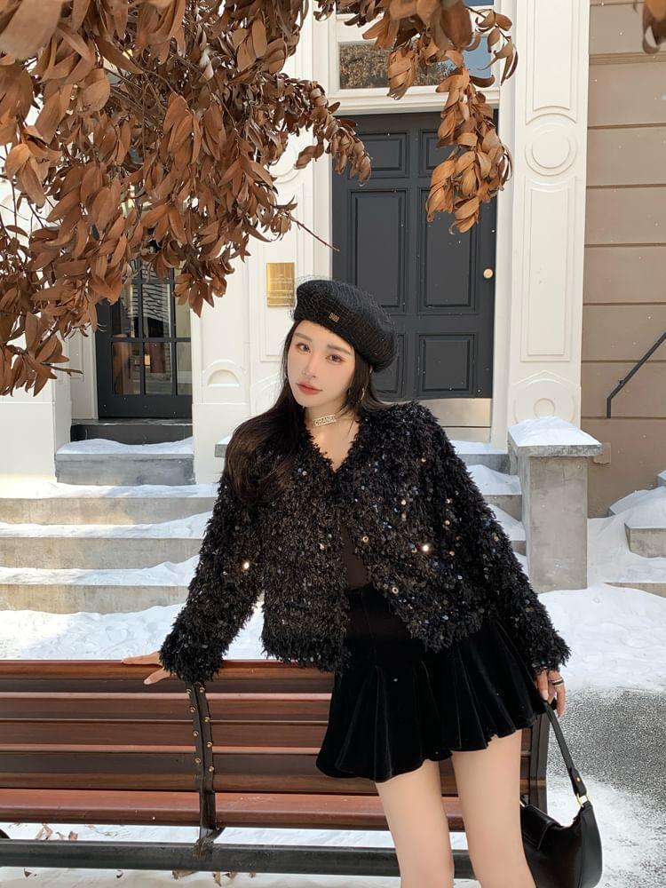 V-Neck Sequin Fluffy Jacket Product Image