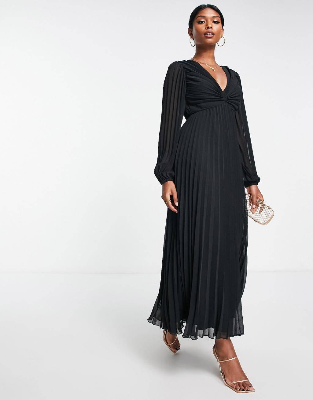 ASOS DESIGN pleated bodice plunge neck midi dress Product Image