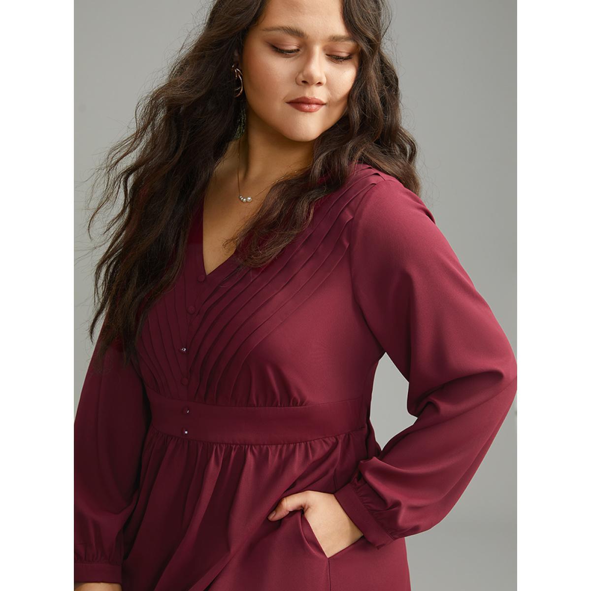 Plus Size Twill Pleated Beaded Long Sleeve Dress Burgundy Women Elegant Plain V-neck Long Sleeve Curvy Midi Dress BloomChic 10/M Product Image
