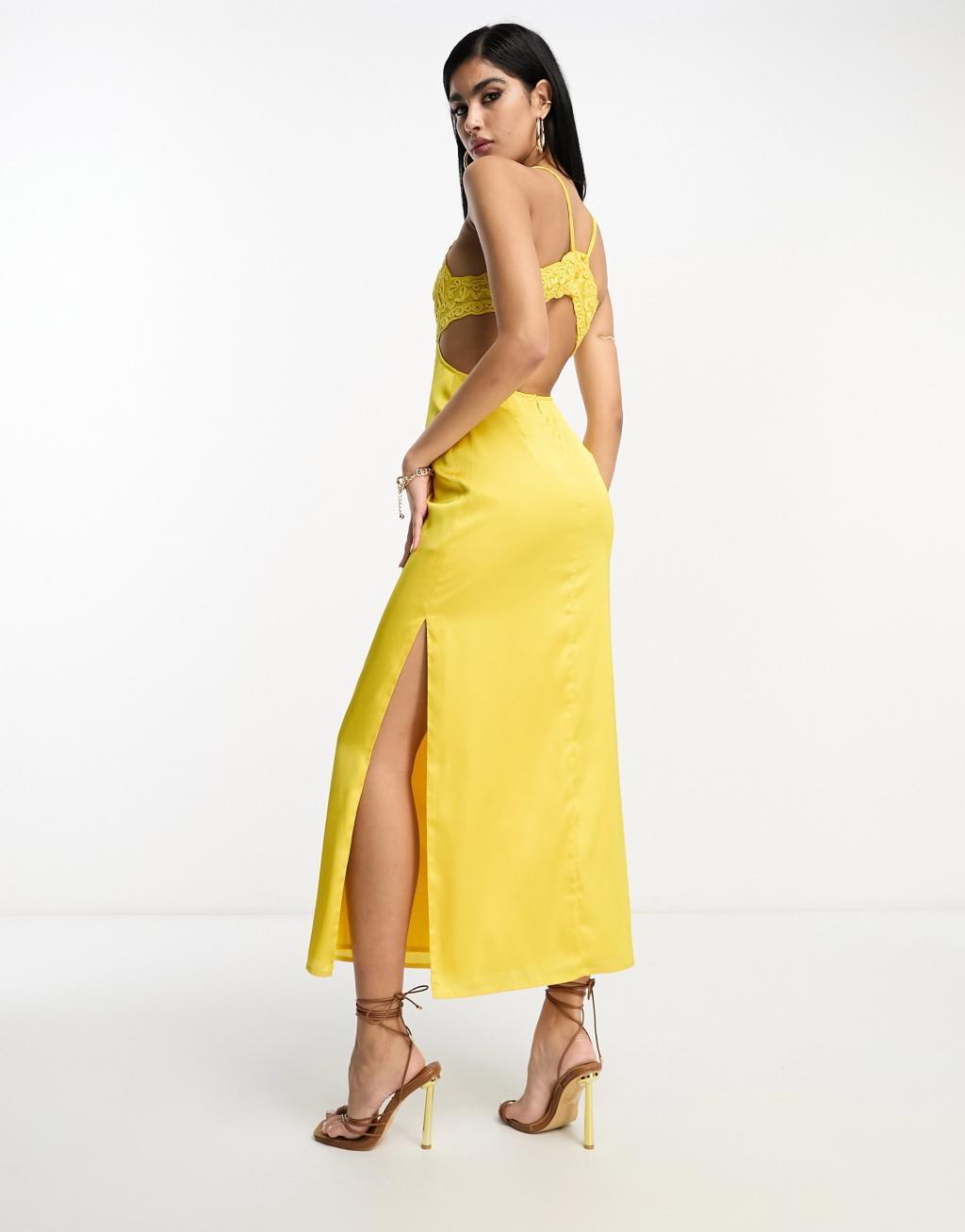 ASOS DESIGN embroidered bodice satin bias midi dress with open back Product Image