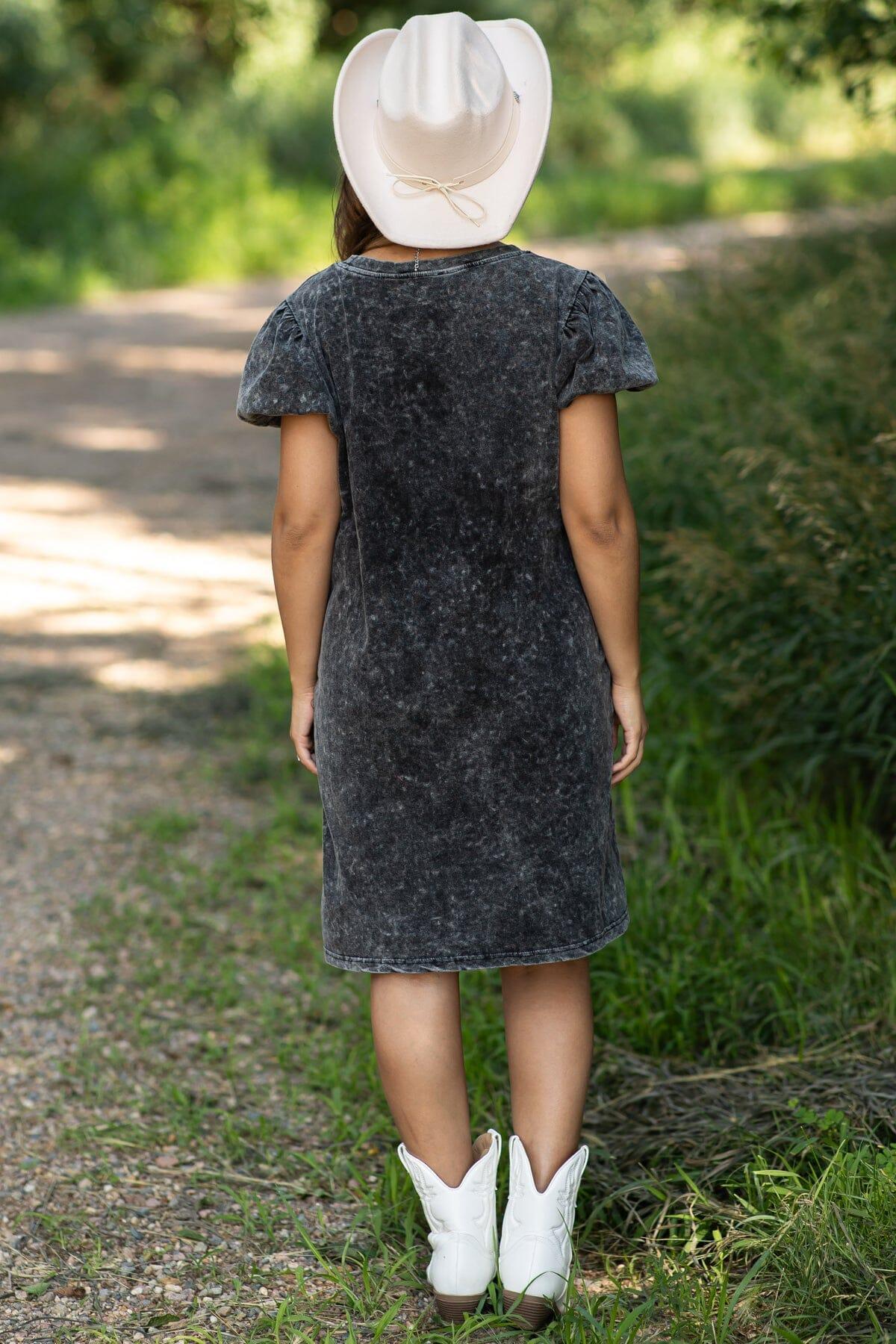 Black Washed Puff Sleeve Dress With Pockets Product Image