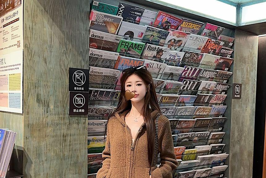 Plain Hooded Zip Jacket / High Waist Plaid Wide Leg Pants Product Image