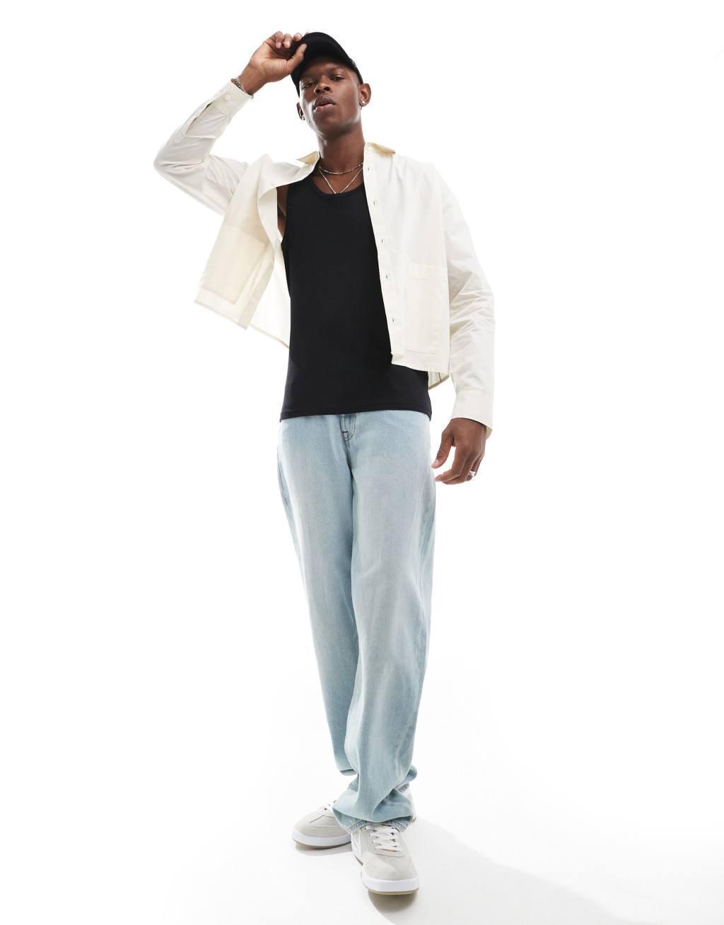 ASOS DESIGN oversized boxy shirt with large pockets in beige Product Image