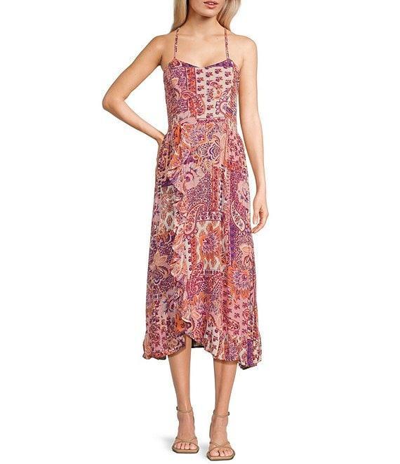 Angie Patch Print Spaghetti Strap Racer Back Ruffle Front Midi Dress Product Image