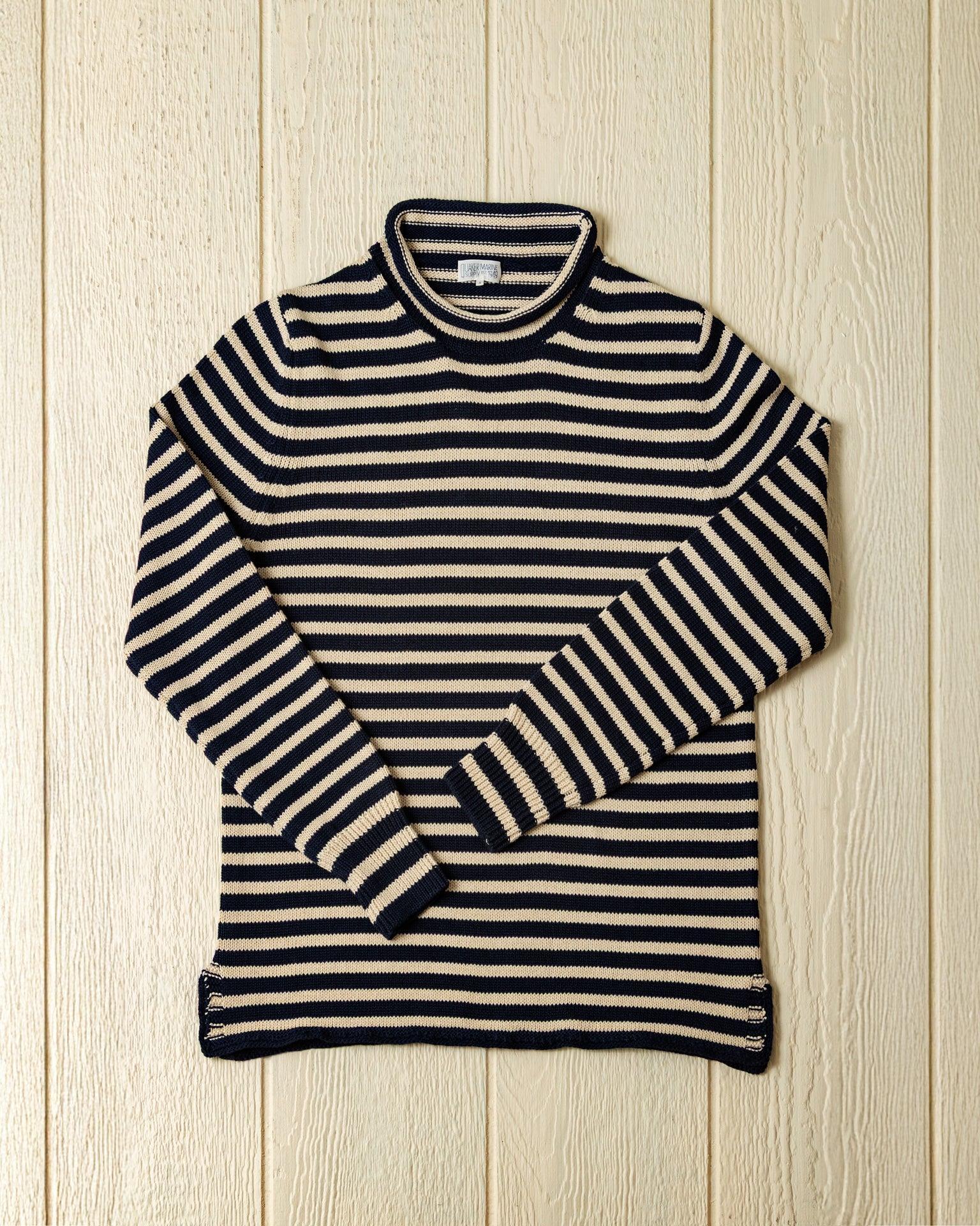 Cotton/Linen Fisherman's Sweater in Navy/Sand Even Stripe Product Image