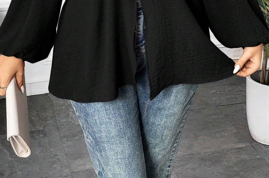 Plus Size Long-Sleeve V-Neck Plain Blouse Product Image