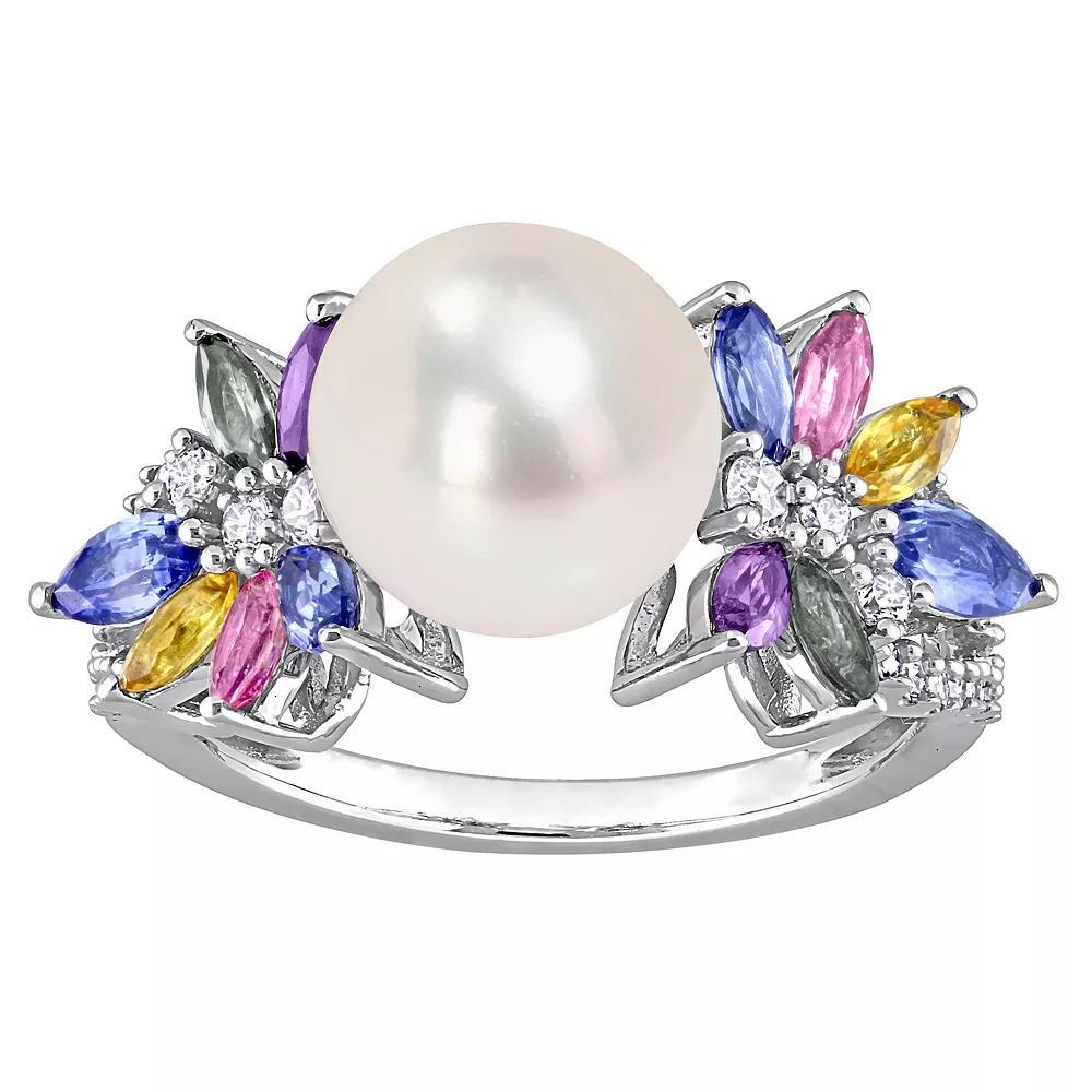 Stella Grace 14k White Gold Freshwater Cultured Pearl, Multicolor Sapphire & 1/8 Carat T.W. Diamond Flower Ring, Womens Product Image