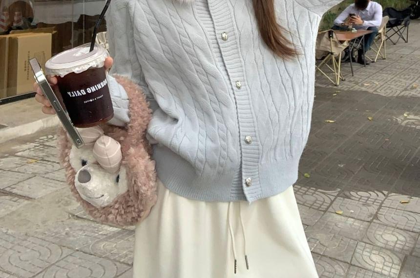 Fluffy Trim Cable Knit Cardigan Product Image