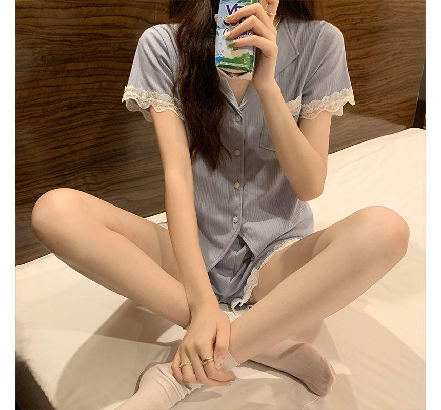 Pajama Set: Short-Sleeve Lace Trim Shirt + Shorts Product Image