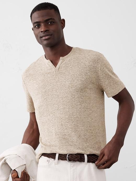 Linen-Blend Notch-Neck T-Shirt Product Image