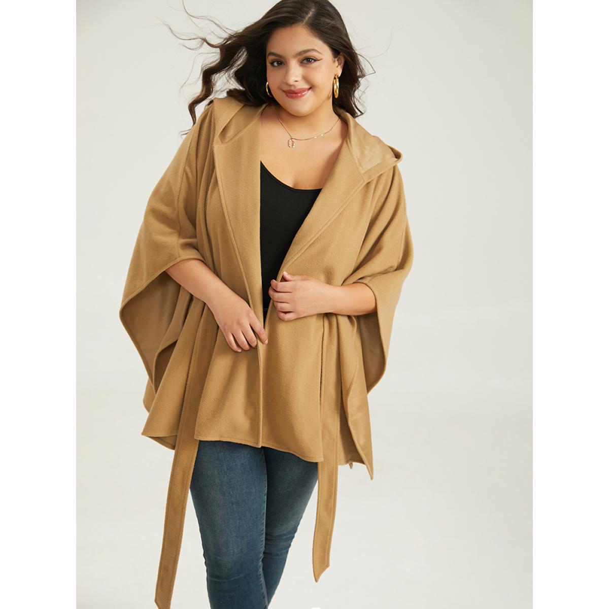Plus Size Solid Hooded Belted Batwing Sleeve Jacket Women Chocolate Casual Plain Ladies Dailywear Winter Coats BloomChic 10/M Product Image