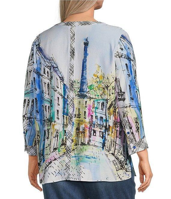 Ali Miles Plus Size Woven Printed Mandarin Collar 3/4 Adjustable Sleeve Hi-Low Hem Tunic Product Image