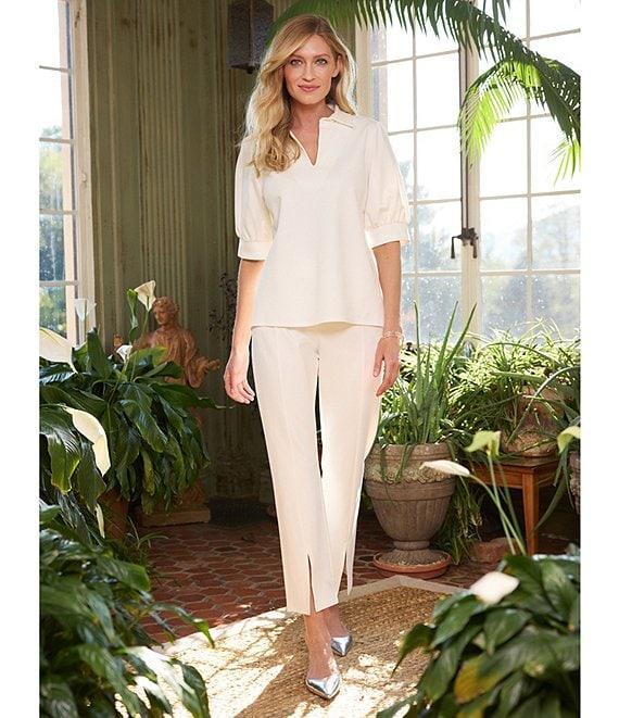 Jude Connally Katia Ponte Knit Split V-Neck Point Collar Short Sleeve Blouse Product Image