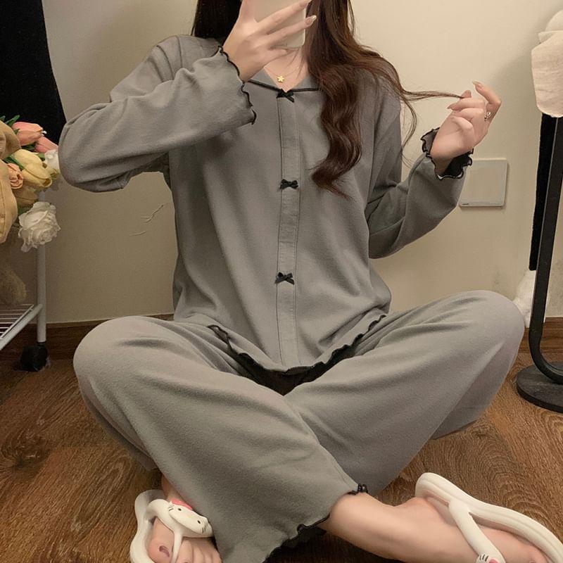 Pajama Set: Long-Sleeve Split Neck Bow Accent Contrast Trim Top + Pants Product Image