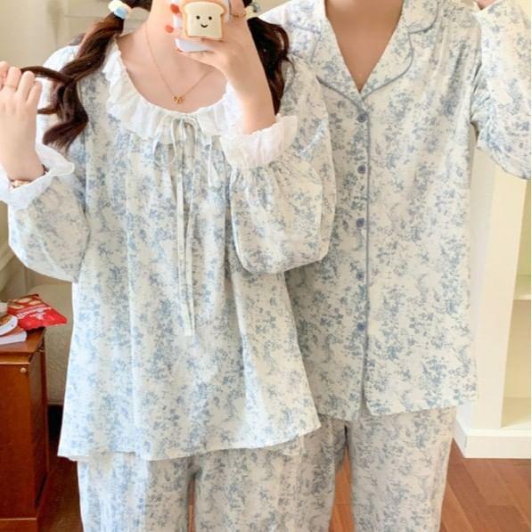Couple Matching Pajama Set: Long-Sleeve Floral Print Top + Pants (Various Designs) Product Image