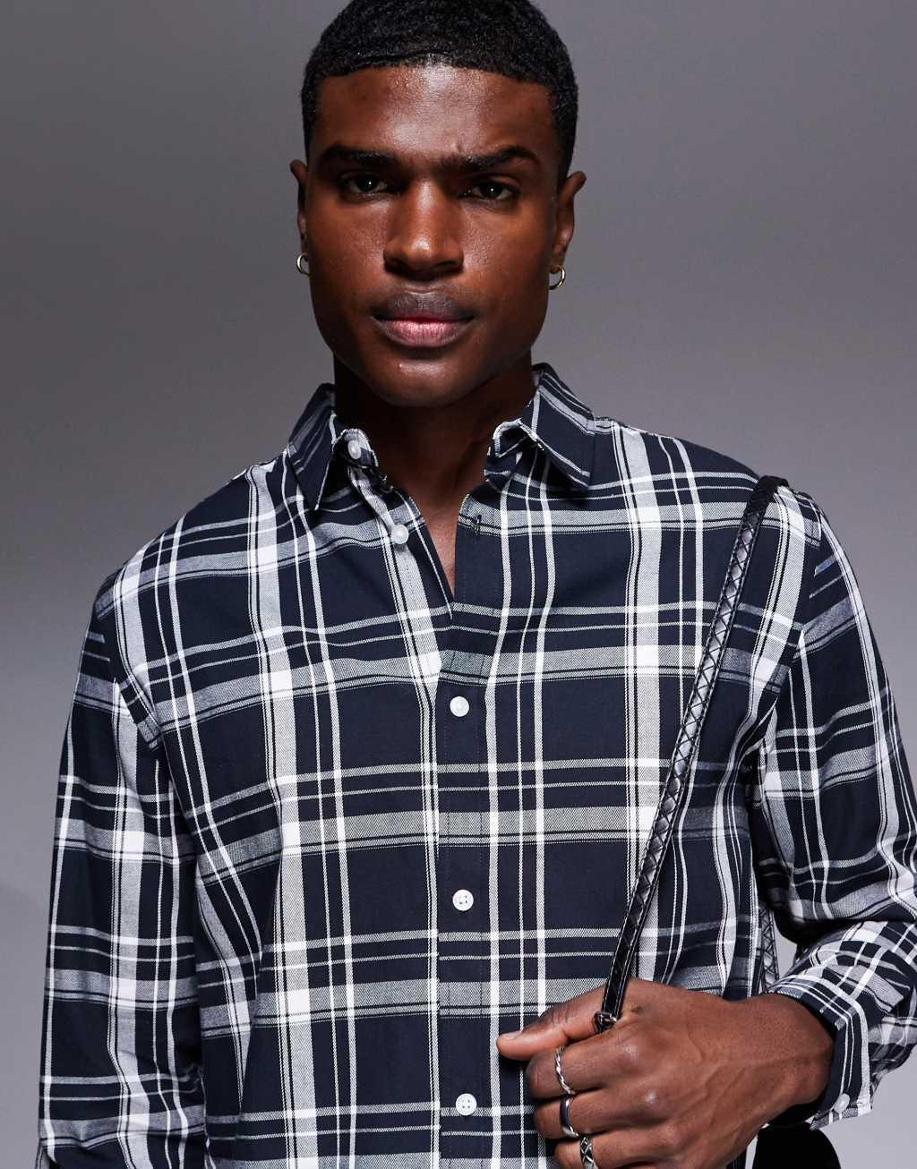 ASOS DESIGN slim check shirt in black Product Image