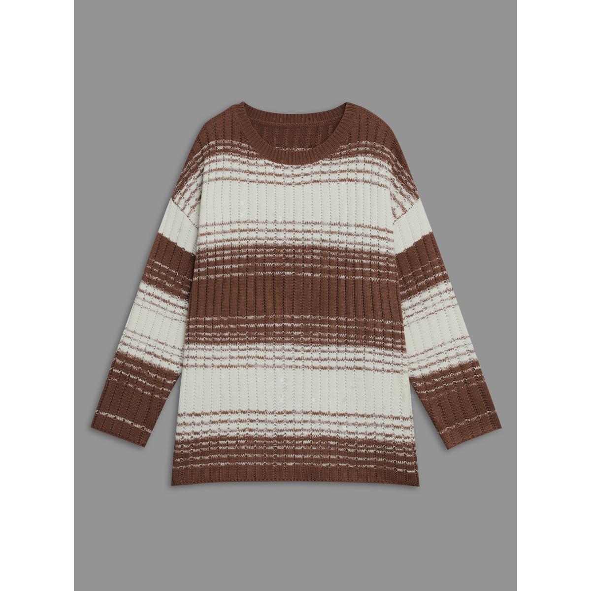 Plus Size Contrast Textured Crew Neck Pullover Browncoffeecolor Women Casual Loose Long Sleeve Round Neck Everyday Pullovers BloomChic 12/L Product Image