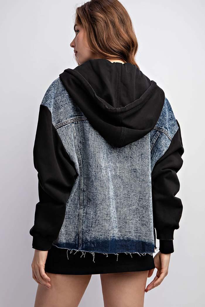 Drawstring Hooded Denim Jacket Product Image