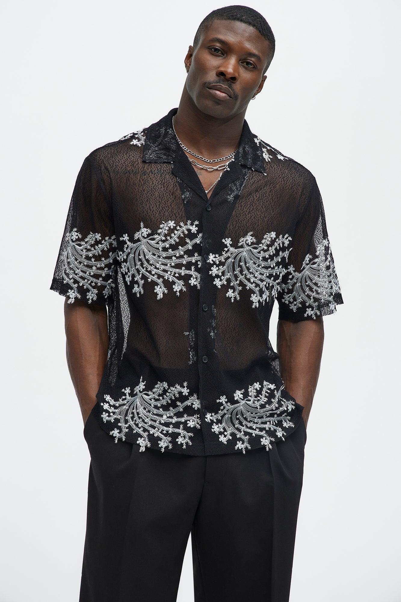 Plant Embroidered Cuban Mesh Shirt - Black Product Image