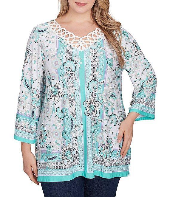 Ruby Rd. Plus Size Crepe Knit Printed Lace Trim V-Neck 3/4 Sleeve Top Product Image