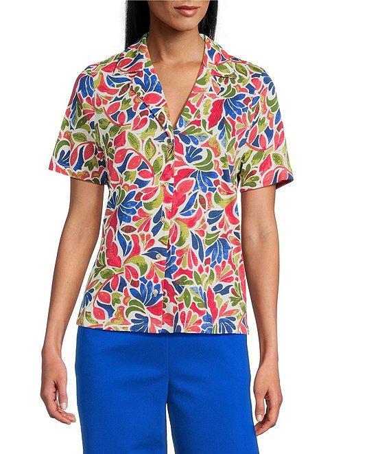 Investments Knit Folk Art Floral Short Sleeve Button Front Notch Collar Camp Top Product Image