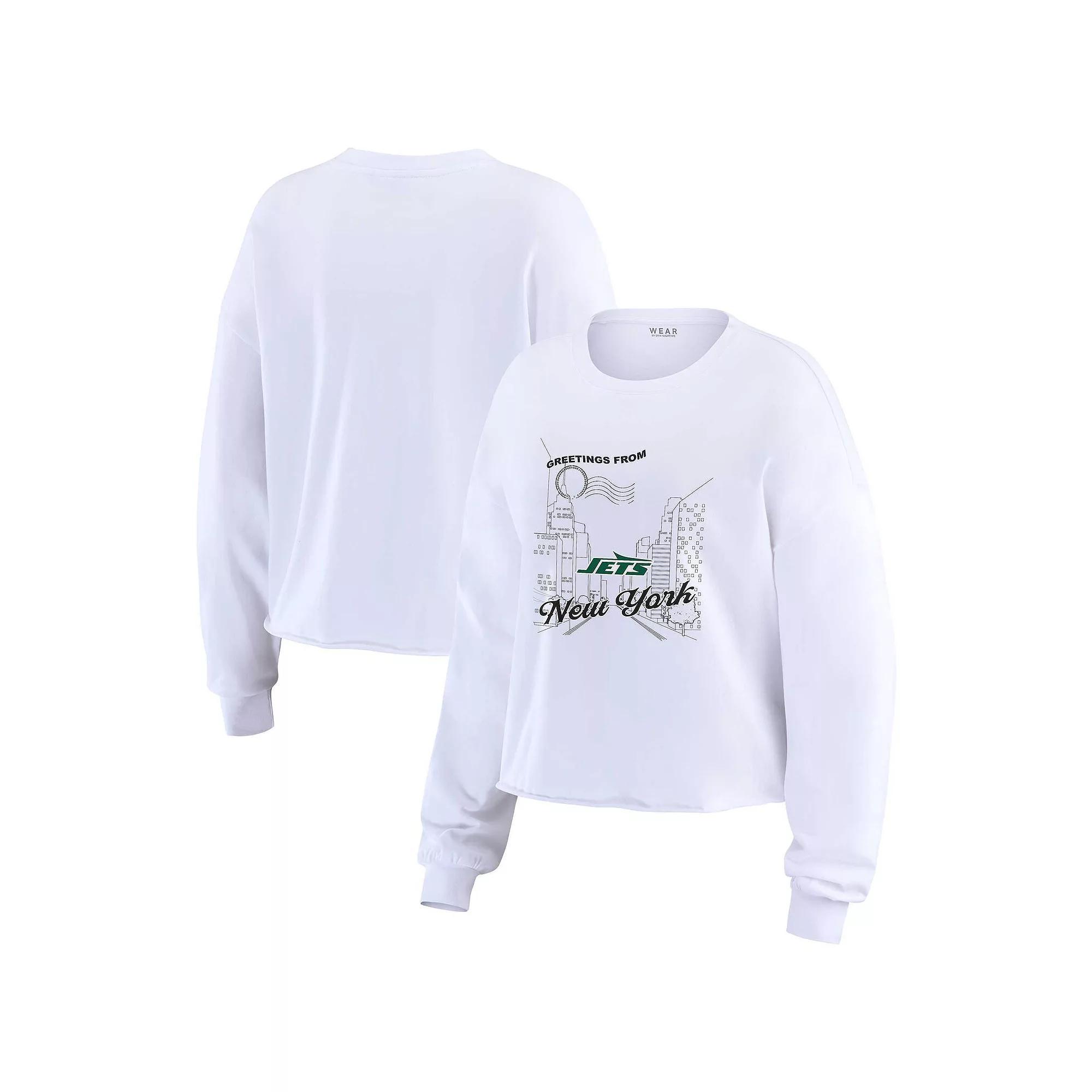 Women's WEAR by Erin Andrews White New York Jets Postcard Cropped Long Sleeve Top, Size: 2XL Product Image