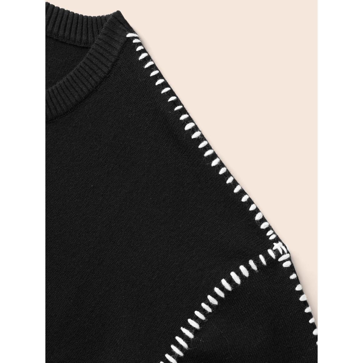 Plus Size Crew Neck Contrast Trim Drop Shoulder Pullover Black Women Casual Long Sleeve Round Neck Everyday Pullovers BloomChic 10/M Product Image