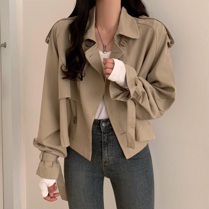 Collared Plain Double-Breasted Crop Trench Jacket Product Image