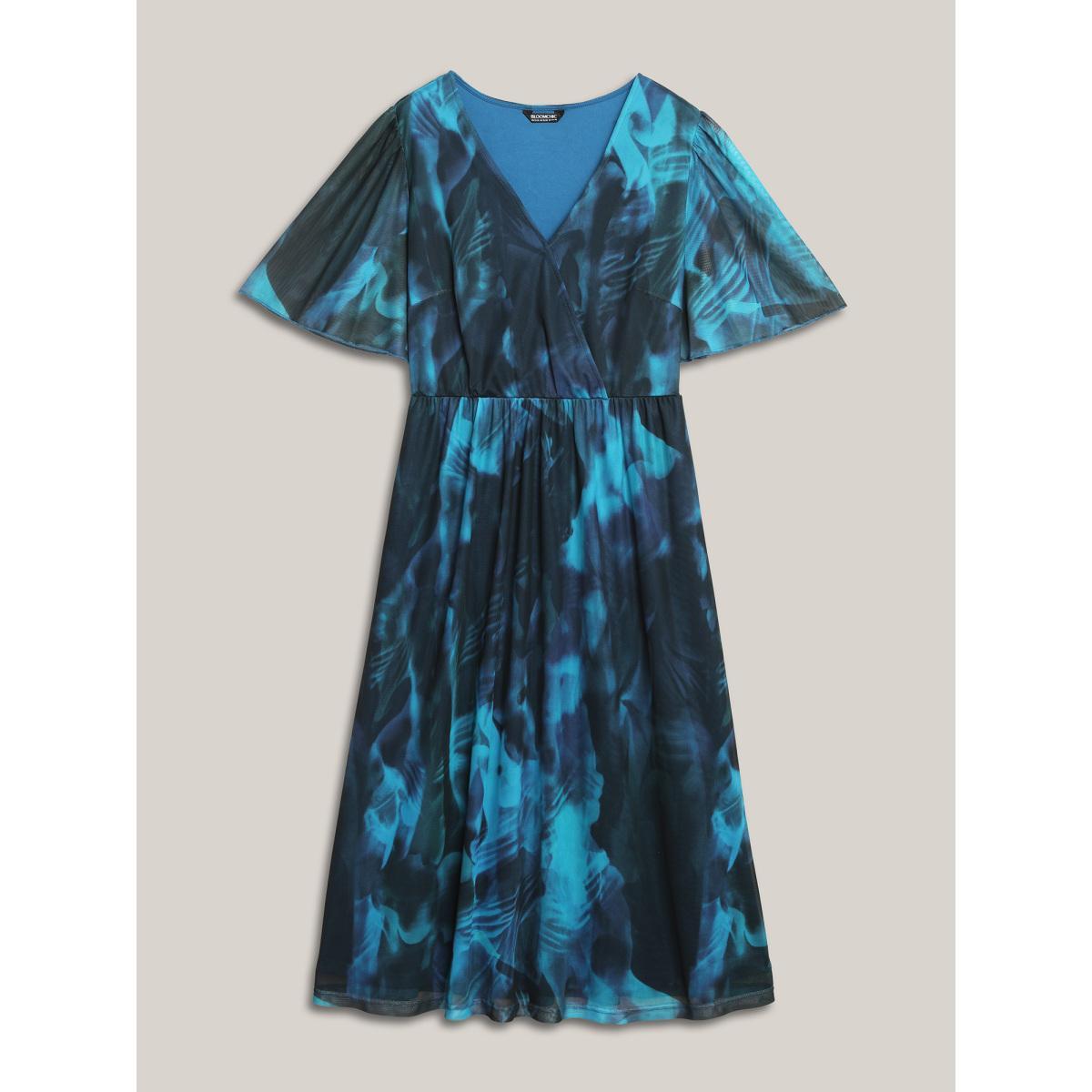 Plus Size Floral Fusion Wrap Neck Midi Dress Mediumblue Women Elegant Gathered Overlap Collar Short sleeve Curvy BloomChic 12/L Product Image