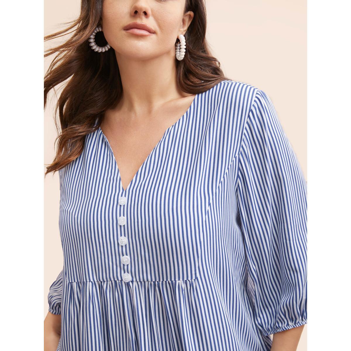 Plus Size Navy Striped Gathered Button Detail Lantern Sleeve Blouse Women Elegant Elbow-length sleeve V-neck Everyday Blouses BloomChic 18-20/2X Product Image