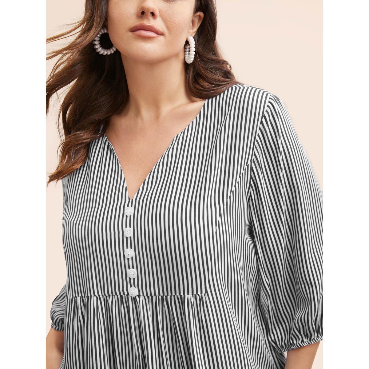 Plus Size Black Striped Gathered Button Detail Lantern Sleeve Blouse Women Elegant Elbow-length sleeve V-neck Everyday Blouses BloomChic 12/L Product Image