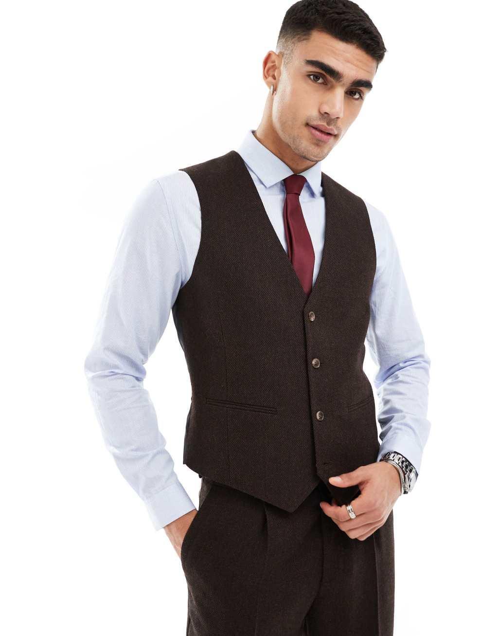ASOS DESIGN slim wool blend suit vest in brown twill Product Image