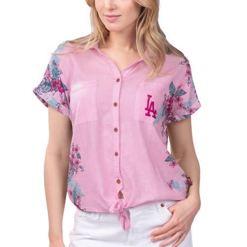 Margaritaville Womens Pink Atlanta Braves Stadium Tie-Front Button-Up Shirt - Navy Product Image