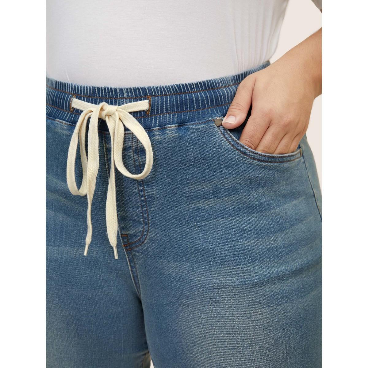 Plus Size Light Wash Drawstring Cropped Wide Leg Jeans Women Denimblue Casual Drawstring High stretch Slanted pocket Jeans BloomChic 30/6X Product Image