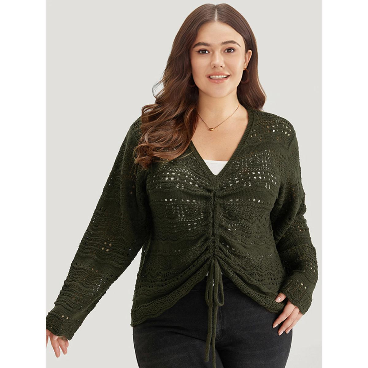 Plus Size Plain Drawstring Hem V Neck Pullover ArmyGreen Women Casual Loose Long Sleeve V-neck Everyday Pullovers BloomChic 14-16/1X Product Image