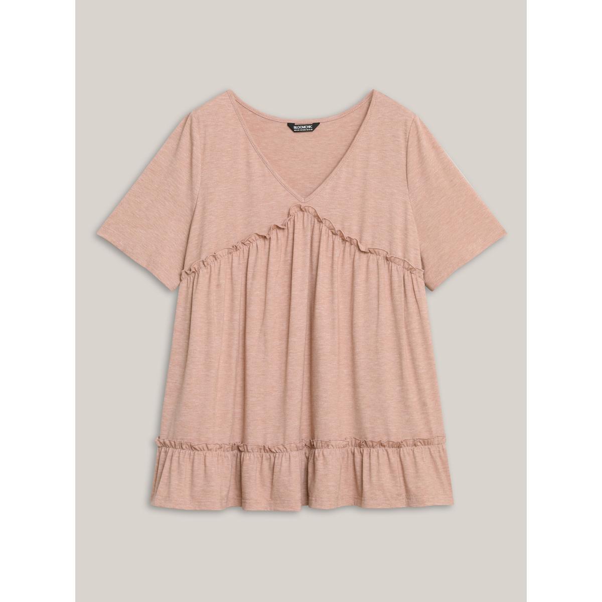 Plus Size Petal Trim Ruffled Hem Tiered T-Shirt Dirtypink Women Gathered V-neck Everyday-Casual T-shirts BloomChic 18-20/2X Product Image