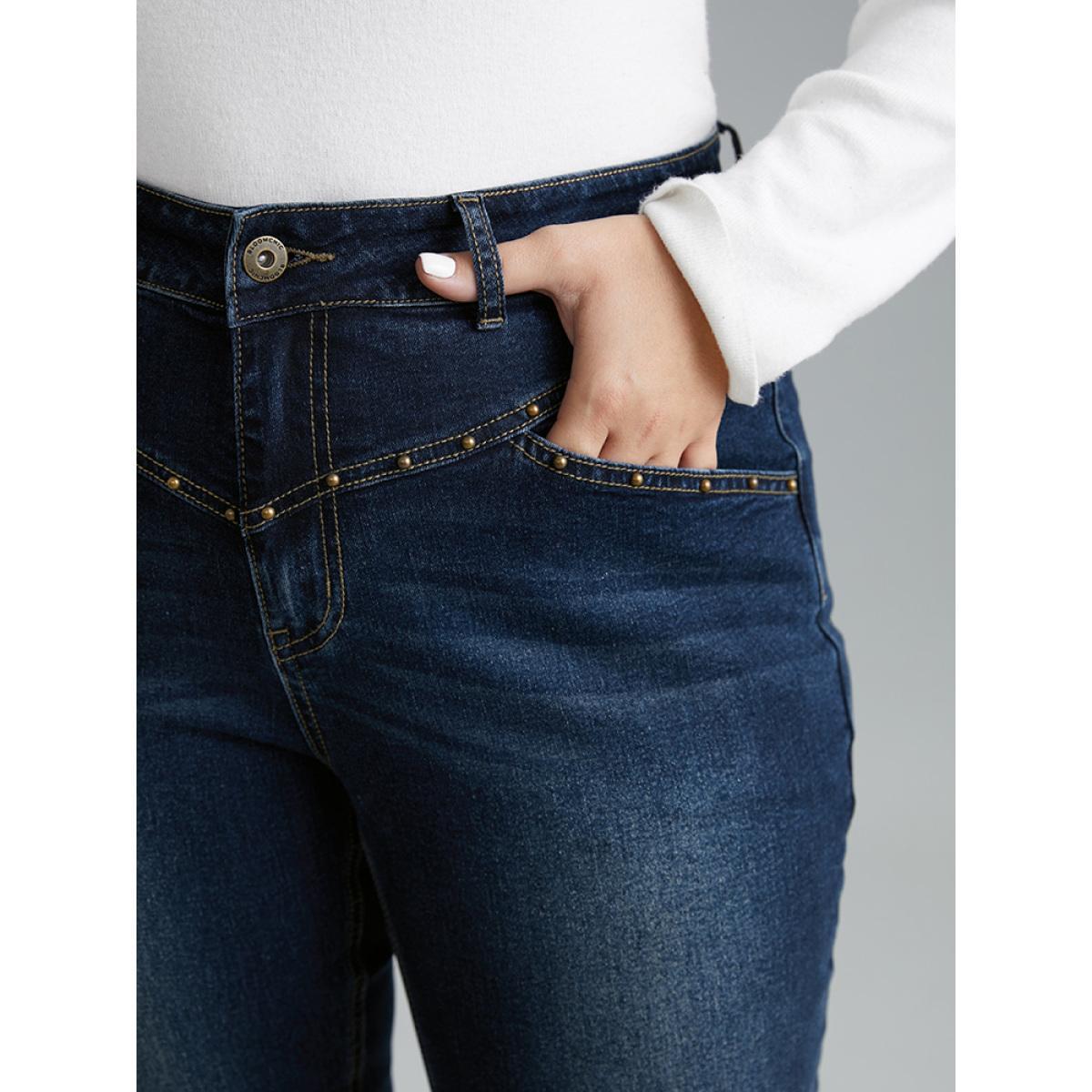 Plus Size Beaded Detail Full Length Pocket Straight Leg Jeans Women DarkBlue Casual Plain Beaded High stretch Pocket Jeans BloomChic 16/1X Product Image