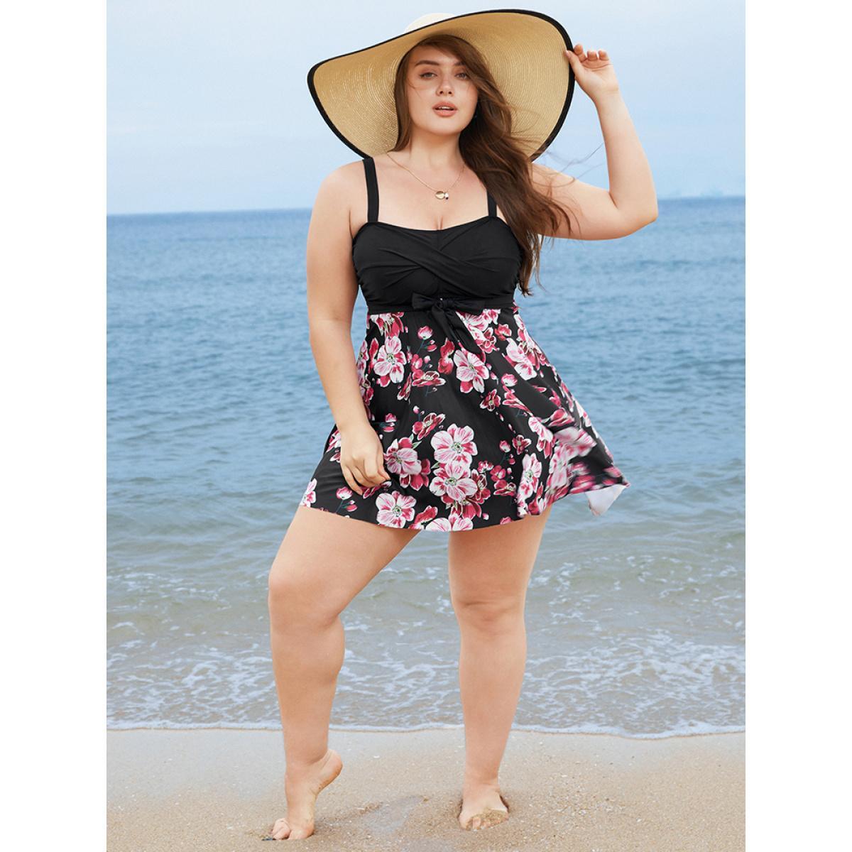 Plus Size Floral Print Knotted Twist Front A Line Swim Dress Women's Swimwear Black Vacation Bodycon High stretch Curve Swim Dresses BloomChic 22-24/3X Product Image