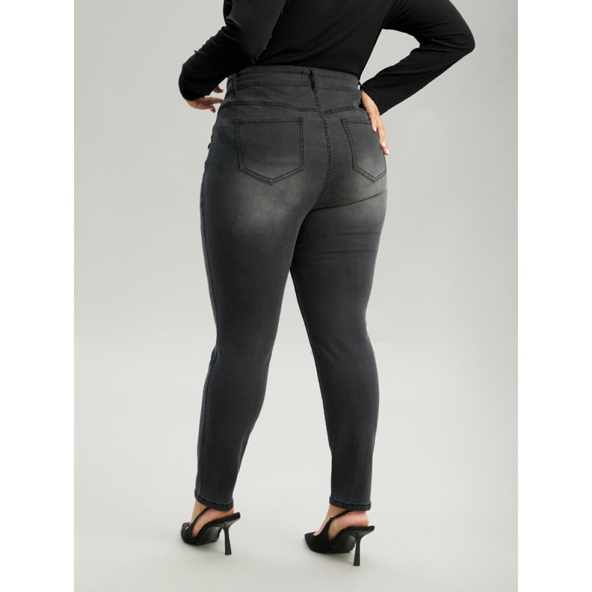 Plus Size Black Wash Button Detail Skinny Jeans Women DimGray Casual Plain Plain High stretch Pocket Jeans BloomChic 28/5X Product Image